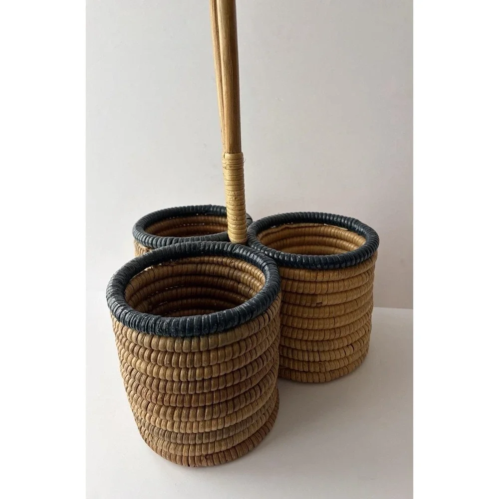 Vintage Woven Rattan 3‎ Compartment Caddy Basket w Handle Boho